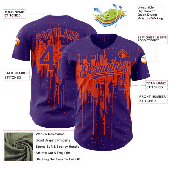 Tropfendes benutzerdefiniertes Muster Baseball Jersey Lila Authentisches 3D Orange Art Splatter Design Tropfendes benutzerdefiniertes Muster Baseball Jersey Lila Authentisches 3D Orange Art Splatter Design