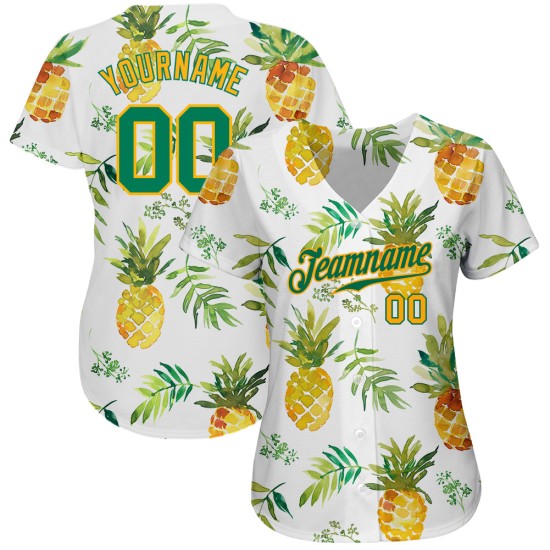 Benutzerdefiniertes weißes Kelly Green-Gold 3D-Musterdesign Hawaii Ananas Authentic Baseball Jersey Benutzerdefiniertes weißes Kelly Green-Gold 3D-Musterdesign Hawaii Ananas Authentic Baseball Jersey