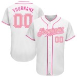Benutzerdefiniertes authentisches Baseball-Trikot in Weiß und Mittelpink Benutzerdefiniertes authentisches Baseball-Trikot in Weiß und Mittelpink