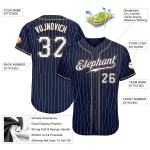 Benutzerdefiniertes authentisches Baseball-Trikot in Marineblau, Weiß und Altgold mit Nadelstreifen Benutzerdefiniertes authentisches Baseball-Trikot in Marineblau, Weiß und Altgold mit Nadelstreifen