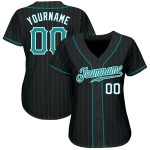 Benutzerdefiniertes authentisches Baseball-Trikot in Schwarz, Aqua, Nadelstreifen, Blaugrün und Weiß Benutzerdefiniertes authentisches Baseball-Trikot in Schwarz, Aqua, Nadelstreifen, Blaugrün und Weiß