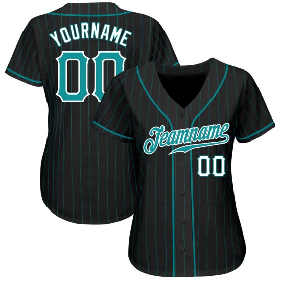 Benutzerdefiniertes authentisches Baseball-Trikot in Schwarz, Aqua, Nadelstreifen, Blaugrün und Weiß Benutzerdefiniertes authentisches Baseball-Trikot in Schwarz, Aqua, Nadelstreifen, Blaugrün und Weiß