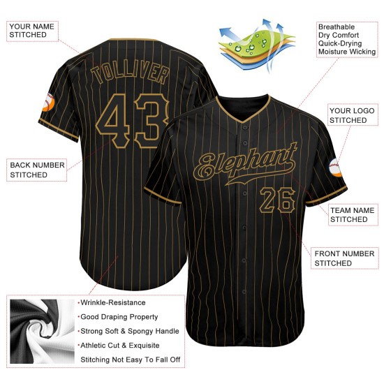 Benutzerdefiniertes schwarzes altes goldenes Nadelstreifen-Baseballtrikot in Schwarz Benutzerdefiniertes schwarzes altes goldenes Nadelstreifen-Baseballtrikot in Schwarz