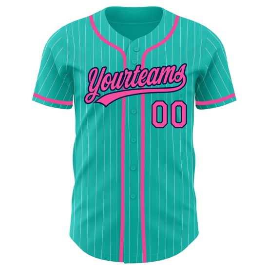 Benutzerdefinierte Aqua Weiß Nadelstreifen Pink-Navy Authentic Baseball Jersey Benutzerdefinierte Aqua Weiß Nadelstreifen Pink-Navy Authentic Baseball Jersey