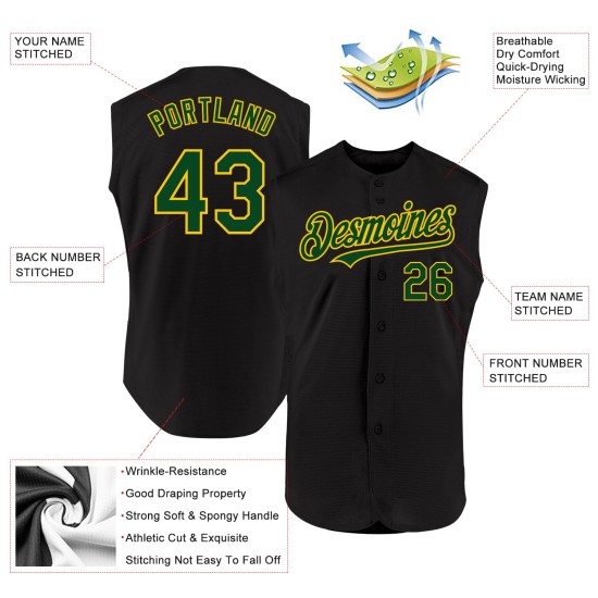 Authentisches Baseball-Trikot in Schwarz, Grün und Gelb, ärmellos, individuell Authentisches Baseball-Trikot in Schwarz, Grün und Gelb, ärmellos, individuell