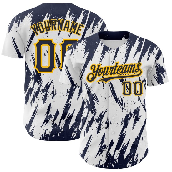 Shape Custom Authentic Navy-Gold Design Weiß 3D Jersey Baseball Scharfes Abstraktes Muster Shape Custom Authentic Navy-Gold Design Weiß 3D Jersey Baseball Scharfes Abstraktes Muster