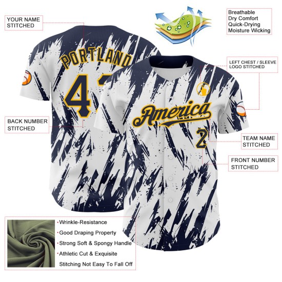 Shape Custom Authentic Navy-Gold Design Weiß 3D Jersey Baseball Scharfes Abstraktes Muster Shape Custom Authentic Navy-Gold Design Weiß 3D Jersey Baseball Scharfes Abstraktes Muster