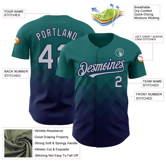 Quadratisches Muster Authentisches Design Teal Shapes Custom Gradient Baseball Grau-Marineblau Jersey 3D Quadratisches Muster Authentisches Design Teal Shapes Custom Gradient Baseball Grau-Marineblau Jersey 3D