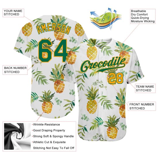 Benutzerdefiniertes weißes Kelly Green-Gold 3D-Musterdesign Hawaii Ananas Authentic Baseball Jersey Benutzerdefiniertes weißes Kelly Green-Gold 3D-Musterdesign Hawaii Ananas Authentic Baseball Jersey