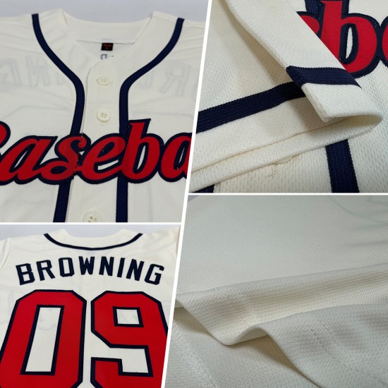 Benutzerdefiniertes authentisches Baseball-Trikot in Creme-Rot-Marineblau Benutzerdefiniertes authentisches Baseball-Trikot in Creme-Rot-Marineblau