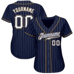 Benutzerdefiniertes authentisches Baseball-Trikot in Marineblau, Weiß und Altgold mit Nadelstreifen Benutzerdefiniertes authentisches Baseball-Trikot in Marineblau, Weiß und Altgold mit Nadelstreifen