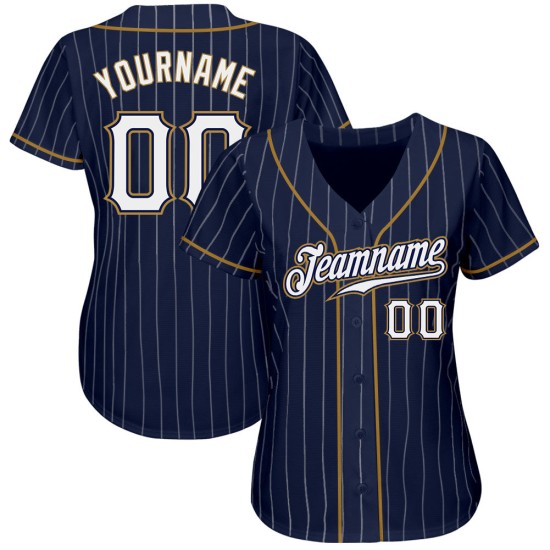 Benutzerdefiniertes authentisches Baseball-Trikot in Marineblau, Weiß und Altgold mit Nadelstreifen Benutzerdefiniertes authentisches Baseball-Trikot in Marineblau, Weiß und Altgold mit Nadelstreifen