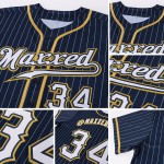 Benutzerdefiniertes authentisches Baseball-Trikot in Marineblau, Weiß und Altgold mit Nadelstreifen Benutzerdefiniertes authentisches Baseball-Trikot in Marineblau, Weiß und Altgold mit Nadelstreifen