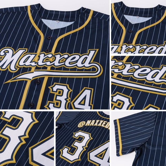 Benutzerdefiniertes authentisches Baseball-Trikot in Marineblau, Weiß und Altgold mit Nadelstreifen Benutzerdefiniertes authentisches Baseball-Trikot in Marineblau, Weiß und Altgold mit Nadelstreifen