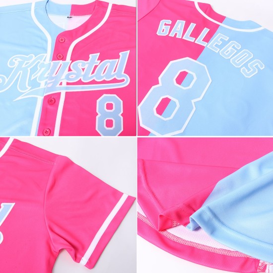Benutzerdefiniertes rosa hellblau-weißes authentisches Split Fashion Baseball-Trikot Benutzerdefiniertes rosa hellblau-weißes authentisches Split Fashion Baseball-Trikot