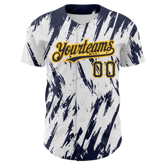 Shape Custom Authentic Navy-Gold Design Weiß 3D Jersey Baseball Scharfes Abstraktes Muster Shape Custom Authentic Navy-Gold Design Weiß 3D Jersey Baseball Scharfes Abstraktes Muster