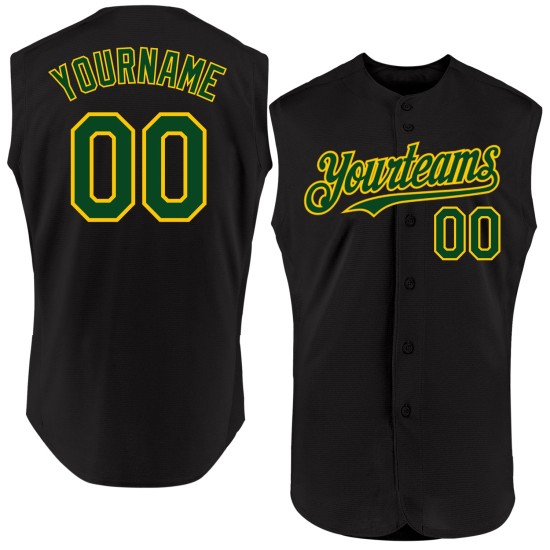 Authentisches Baseball-Trikot in Schwarz, Grün und Gelb, ärmellos, individuell Authentisches Baseball-Trikot in Schwarz, Grün und Gelb, ärmellos, individuell