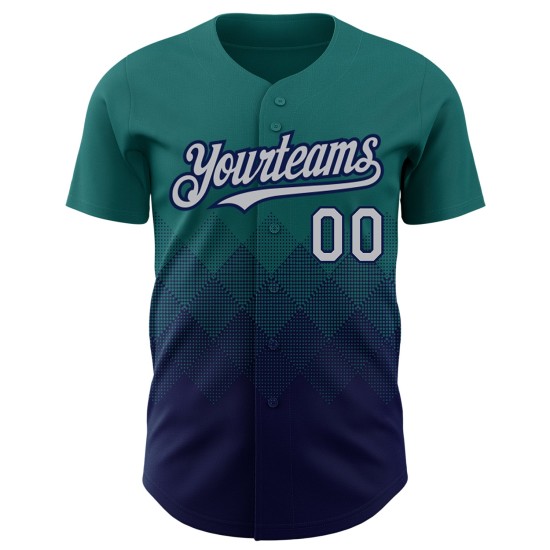 Quadratisches Muster Authentisches Design Teal Shapes Custom Gradient Baseball Grau-Marineblau Jersey 3D Quadratisches Muster Authentisches Design Teal Shapes Custom Gradient Baseball Grau-Marineblau Jersey 3D