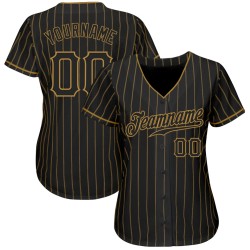 Benutzerdefiniertes schwarzes altes goldenes Nadelstreifen-Baseballtrikot in Schwarz Benutzerdefiniertes schwarzes altes goldenes Nadelstreifen-Baseballtrikot in Schwarz