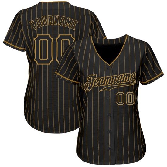 Benutzerdefiniertes schwarzes altes goldenes Nadelstreifen-Baseballtrikot in Schwarz Benutzerdefiniertes schwarzes altes goldenes Nadelstreifen-Baseballtrikot in Schwarz