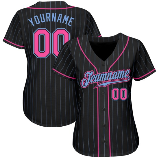 Benutzerdefiniertes schwarzes hellblaues Nadelstreifen-pink-hellblaues authentisches Baseball-Trikot Benutzerdefiniertes schwarzes hellblaues Nadelstreifen-pink-hellblaues authentisches Baseball-Trikot