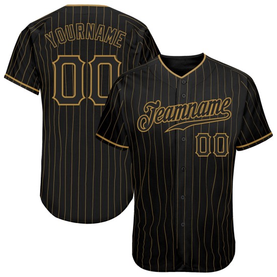 Benutzerdefiniertes schwarzes altes goldenes Nadelstreifen-Baseballtrikot in Schwarz Benutzerdefiniertes schwarzes altes goldenes Nadelstreifen-Baseballtrikot in Schwarz