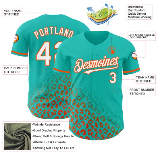 Baseball Aqua Custom Print 3D-Design Muster Mode Weiß-Orange Leopard Jersey Authentic Fade Baseball Aqua Custom Print 3D-Design Muster Mode Weiß-Orange Leopard Jersey Authentic Fade