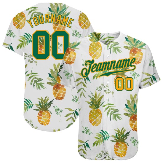 Benutzerdefiniertes weißes Kelly Green-Gold 3D-Musterdesign Hawaii Ananas Authentic Baseball Jersey Benutzerdefiniertes weißes Kelly Green-Gold 3D-Musterdesign Hawaii Ananas Authentic Baseball Jersey