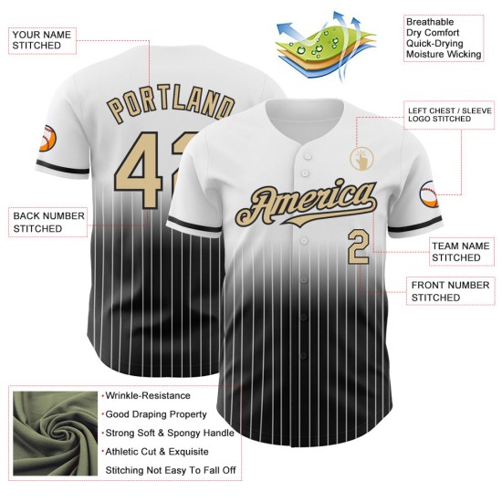 Fashion Custom Baseball Vegas Authentic Weiß Jersey Fade Gold-Schwarz Nadelstreifen Fashion Custom Baseball Vegas Authentic Weiß Jersey Fade Gold-Schwarz Nadelstreifen