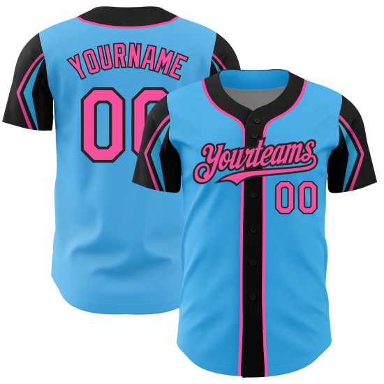 Pink-Schwarzes Trikot mit benutzerdefinierten authentischen Armfarben, Himmelblau, Baseballblau 3 Pink-Schwarzes Trikot mit benutzerdefinierten authentischen Armfarben, Himmelblau, Baseballblau 3