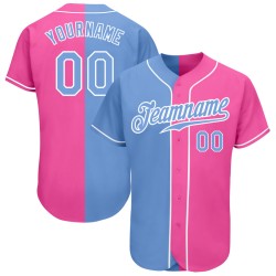 Benutzerdefiniertes rosa hellblau-weißes authentisches Split Fashion Baseball-Trikot