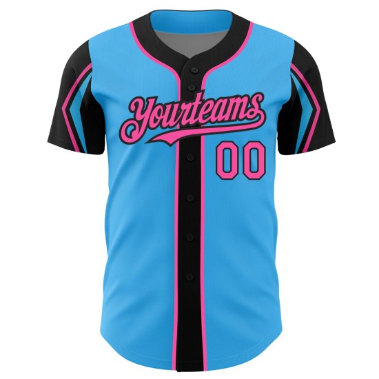 Pink-Schwarzes Trikot mit benutzerdefinierten authentischen Armfarben, Himmelblau, Baseballblau 3 Pink-Schwarzes Trikot mit benutzerdefinierten authentischen Armfarben, Himmelblau, Baseballblau 3