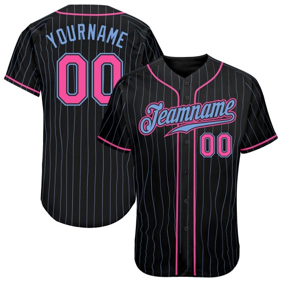 Benutzerdefiniertes schwarzes hellblaues Nadelstreifen-pink-hellblaues authentisches Baseball-Trikot Benutzerdefiniertes schwarzes hellblaues Nadelstreifen-pink-hellblaues authentisches Baseball-Trikot