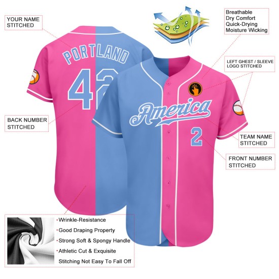 Benutzerdefiniertes rosa hellblau-weißes authentisches Split Fashion Baseball-Trikot Benutzerdefiniertes rosa hellblau-weißes authentisches Split Fashion Baseball-Trikot
