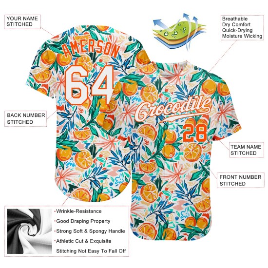 Benutzerdefinierte Weiß Orange 3D Muster Design Obst Authentische Baseball Jersey Benutzerdefinierte Weiß Orange 3D Muster Design Obst Authentische Baseball Jersey