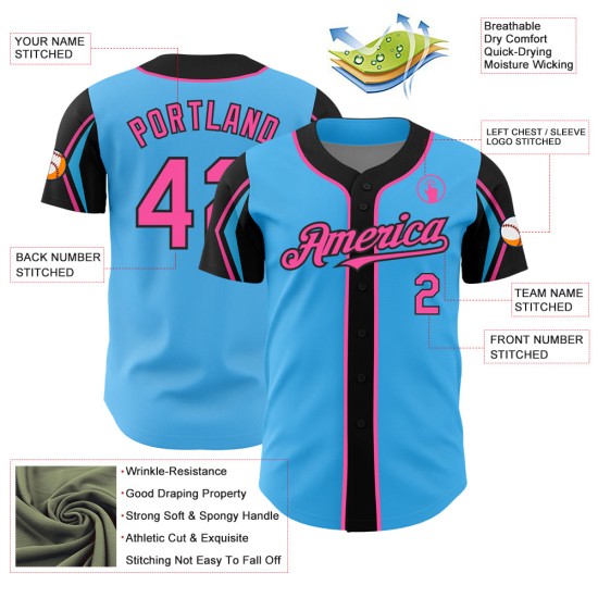 Pink-Schwarzes Trikot mit benutzerdefinierten authentischen Armfarben, Himmelblau, Baseballblau 3 Pink-Schwarzes Trikot mit benutzerdefinierten authentischen Armfarben, Himmelblau, Baseballblau 3
