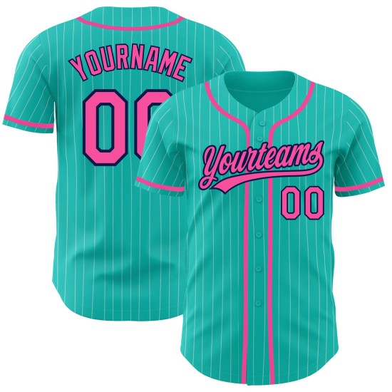 Benutzerdefinierte Aqua Weiß Nadelstreifen Pink-Navy Authentic Baseball Jersey Benutzerdefinierte Aqua Weiß Nadelstreifen Pink-Navy Authentic Baseball Jersey