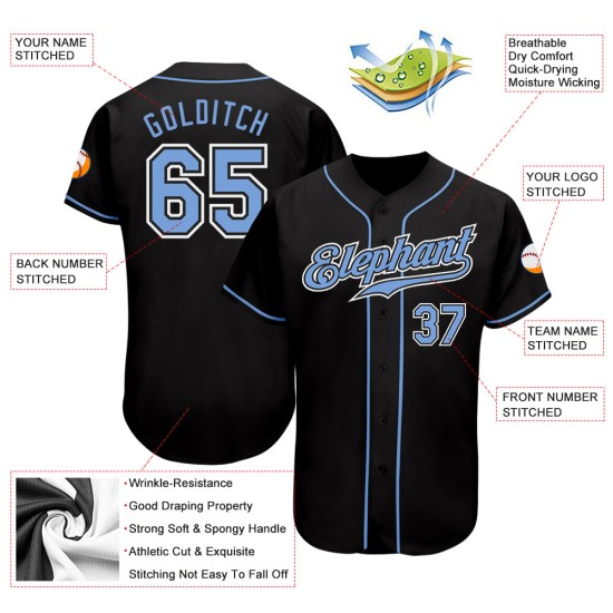 Benutzerdefiniertes schwarzes hellblau-weißes authentisches Baseball-Trikot Benutzerdefiniertes schwarzes hellblau-weißes authentisches Baseball-Trikot