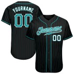 Benutzerdefiniertes authentisches Baseball-Trikot in Schwarz, Aqua, Nadelstreifen, Blaugrün und Weiß Benutzerdefiniertes authentisches Baseball-Trikot in Schwarz, Aqua, Nadelstreifen, Blaugrün und Weiß