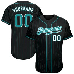 Benutzerdefiniertes authentisches Baseball-Trikot in Schwarz, Aqua, Nadelstreifen, Blaugrün und Weiß