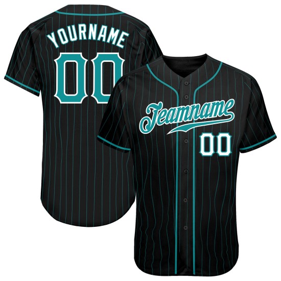 Benutzerdefiniertes authentisches Baseball-Trikot in Schwarz, Aqua, Nadelstreifen, Blaugrün und Weiß Benutzerdefiniertes authentisches Baseball-Trikot in Schwarz, Aqua, Nadelstreifen, Blaugrün und Weiß